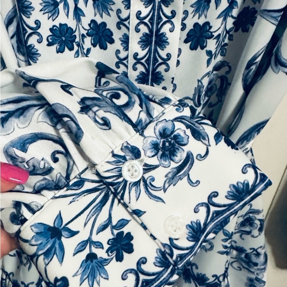 Alex Marie Wren Flor Blue Chinoiserie Scroll Mini Dress tie belt size 8 medium - Picture 10 of 12